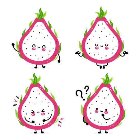 Cute funny dragon fruit set collection. Vector hand drawn cartoon kawaii character illustration icon. Isolated on white background. Dragon fruit, exotic food character bundle conceptのイラスト素材