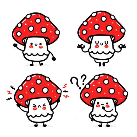 Cute funny happy amanita mushroom set collection. Vector hand drawn cartoon kawaii character illustration icon. Isolated on white background. Funny amanita mushroom mascot character bundle conceptのイラスト素材