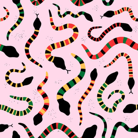 Colorful snakes on pink background seamless pattern. Vector hand drawn grunge style illustration...