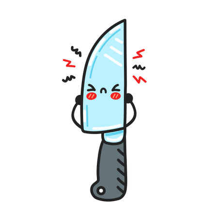 Cute sad funny kitchen chef knife character. Vector flat cartoon kawaii character illustration icon. Isolated on white background. Chef cooking knife cartoon character conceptのイラスト素材