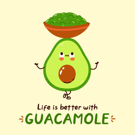 Cute happy avocado hold guacamole sauce bowl character. Vector hand drawn cartoon kawaii character illustration. Isolated on white background. Acocado and guacamole sauce dip cartoon character conceptのイラスト素材
