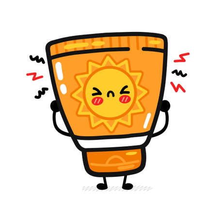 Cute funny sad sunscreen tube. Vector flat line cartoon character illustration icon. Isolated on white background. Sunscreen, sun protection cream care,sunblock screen character conceptのイラスト素材