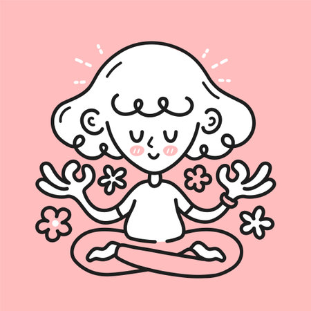 Cute meditating woman girl with happy brain inside. Vector cartoon character illustration icon. Isolated on white backgound. Girl, woman in mental harmony, meditation, mindfulness conceptのイラスト素材