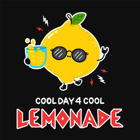 Cute lemon with lemonade glass in sunglasses. Cool day for cool lemonade slogan quote poster. Vector cartoon character illustration. Poster,card, t-shirt print in hard rock, punk, heavy metal styleのイラスト素材