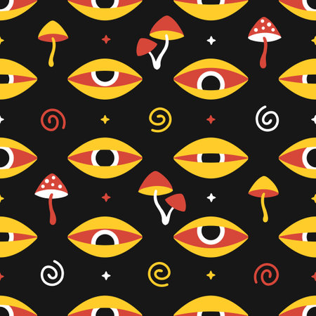 Trippy magic mushrooms and eyes seamless pattern. Vector hand drawn cartoon illustration icon design. Magic psilocybin mushroom and eyes, acid, lsd, trip seamless pattern conceptのイラスト素材