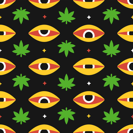 Weed cannabis leafs and red eyes seamless pattern. Vector hand drawn cartoon illustration icon design. Trippy marijuana cannabis weed and high eyes, dope seamless pattern conceptのイラスト素材