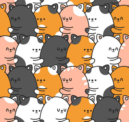 Cute funny smile cats kitties hugs seamless pattern. Vector doodle cartoon character illustration icon design. Positive smile cute kawaii cats hugs in love cartoon seamless pattern conceptのイラスト素材