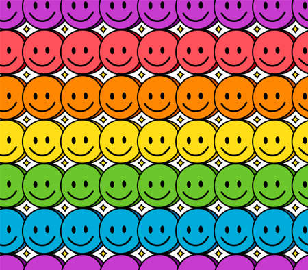 Funny smile cute rainbow face seamless pattern. Vector doodle cartoon character illustration icon design. Positive smile faces, gay, lgbt, lgbtq rainbow flag seamless pattern conceptのイラスト素材