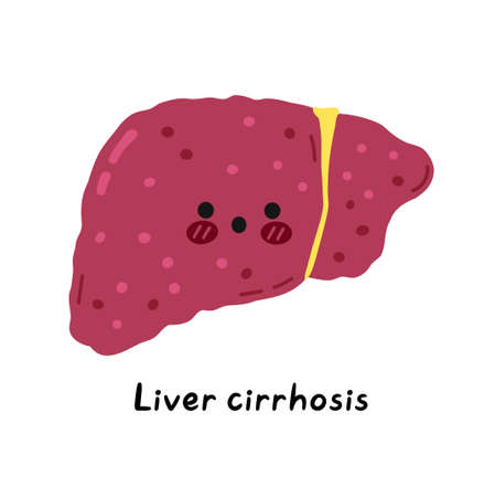 Cute sad sick funny liver organ cirrhosis character. Vector hand drawn cartoon kawaii character illustration icon. Isolated on white background. Human Liver cirrhosis, sick cartoon character conceptのイラスト素材