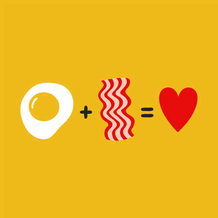 Fried egg plus bacon equals love. Cute funny poster,card illustration. Vector cartoon illustration icon. Egg with bacon, funny mathematical equation, conceptのイラスト素材