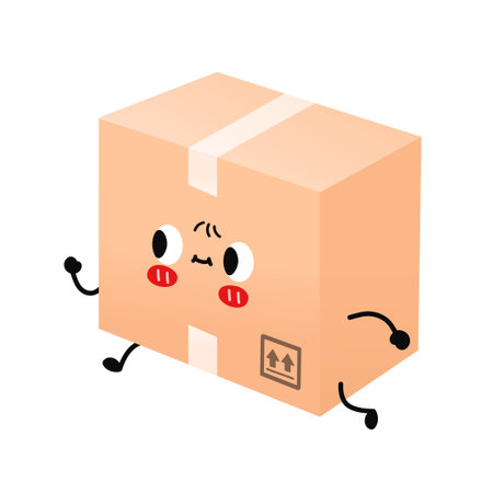 Cute smiling happy parcel,delivery box run fast. Vector flat cartoon character illustration.Isolated on white background. Delivery box cartoon character conceptのイラスト素材
