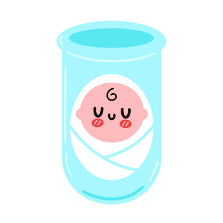 Cute happy newborn baby in test tube. Vector hand drawn flat cartoon kawaii character illustration icon. Isolated on white background. In vitro fertilization, IVF, reproductive technology conceptのイラスト素材