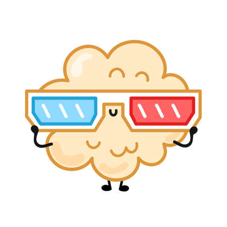 Cute happy funny popcorn in 3d glasses. Vector hand drawn cartoon kawaii character illustration sticker logo icon. Isolated on white background.Cute happy popcorn, 3d glasses cartoon character conceptのイラスト素材