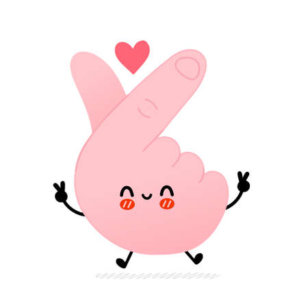 Cute funny korean love gesture symbol.Vector hand drawn doodle line cartoon kawaii character illustration icon. Isolated on white background. Finger love,korean heart gesture sign cartoon conceptのイラスト素材