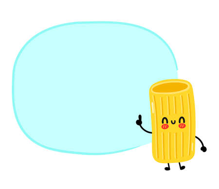 Cute funny macaroni pasta noodles character with text box. Vector hand drawn cartoon kawaii character illustration. Isolated on white background. Cute macaroni noodles pasta cartoon mascot conceptのイラスト素材