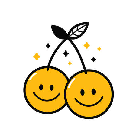 Cute funny cherry smile faces. Vector hand drawn cartoon kawaii character illustration icon. Isolated on white background. Cherry,smile face print for t shirt,poster cartoon conceptのイラスト素材
