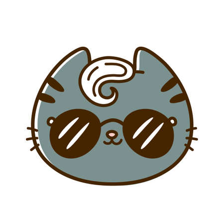 Cute funny cool little baby cat face with sunglasses. Vector hand drawn cartoon kawaii character illustration icon. Isolated on white background. Pet, kitty, cat icon conceptのイラスト素材
