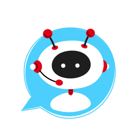 Cute robot,ai chat bot in speak bubble.Vector cartoon character illustration icon.Isolated on white background.Voice support service chat bot, online help customer assistant logo iconのイラスト素材