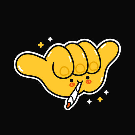 Shaka gesture with marijuana joint. Vector hand drawn doodle cartoon illustration icon. Shaka gesture,weed, marijuana print for t-shirt,poster,card conceptのイラスト素材