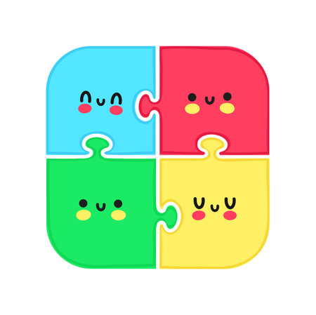 Cute funny puzzle with face character. Vector hand drawn cartoon kawaii character illustration. Isolated on white backgroud. Puzzle cartoon character conceptのイラスト素材
