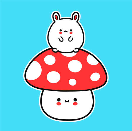 Cute funny little baby bunny on amanita mushroom. Vector hand drawn cartoon kawaii character illustration icon. Bunny,rabbit, amanita mushroom, mushrooming cartoon conceptのイラスト素材