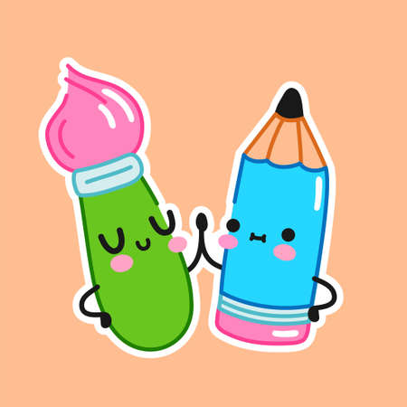 Cute funny brush and pencil. Vector flat line cartoon kawaii character illustration logo icon. Paint brush,pencil,kids drawing logo conceptのイラスト素材