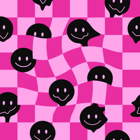 Funny black melt smile faces seamless pattern. Vector hand drawn doodle cartoon character illustration. Smile faces melt, acid, trippy,cells seamless pattern wallpaper print conceptのイラスト素材