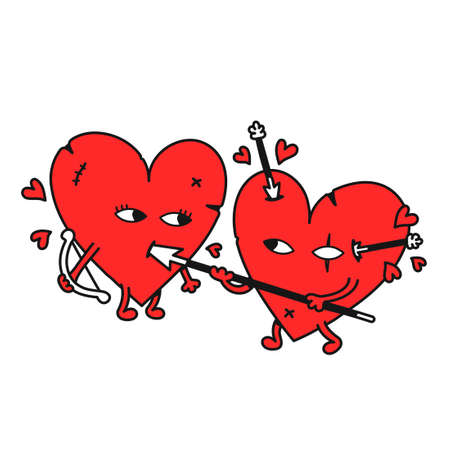 Funny hearts fight. Vector hand drawn doodle cartoon illustration icon. Isolated on white background. Fight,war,love,hearts cartoon print for t-shirt,poster,card conceptのイラスト素材