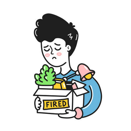 Sad young man holding stuff in box with fired sign. Vector hand drawn doodle cartoon character illustration icon. Isolated on white background. Man fired from work conceptのイラスト素材