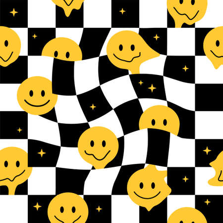 Funny melt smile faces seamless pattern. Vector hand drawn doodle cartoon character illustration. Smile faces melt, acid, trippy,cells seamless pattern wallpaper print concept