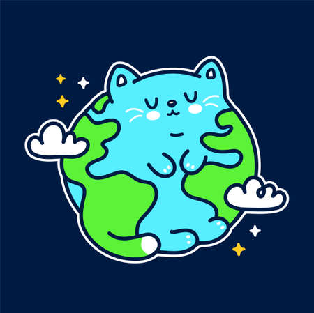 Cute funny planet Earth cat character. Vector hand drawn doodle cartoon kawaii character illustration icon. Cute Earth,cat,kittie cartoon mascot conceptのイラスト素材