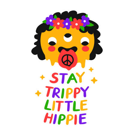 Funny psychedelic girl. Stay trippy little hippie slogan. Vector doodle line cartoon kawaii character illustration. Magic trippy,hippie,acid,70s print on poster, t-shirtのイラスト素材