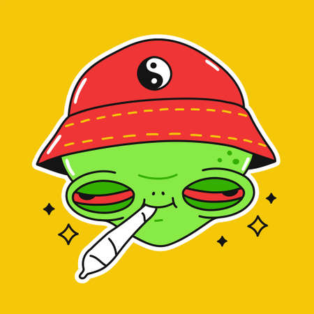 Funny alien with cannabis weed joint in mouth. Vector doodle cartoon character illustration design. Trippy high alien,marijuana,weed,cannabis print for poster, t-shirt conceptのイラスト素材