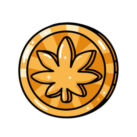 Funny golden weed marijuana leaf coin. Vector hand drawn cartoon kawaii character illustration. Isolated on white backgroud. Cannabis,weed,marijuana coin,crypto currency,digital money conceptのイラスト素材