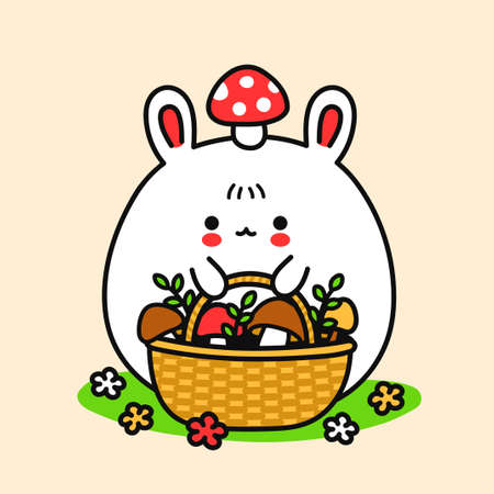 Cute funny bunny with basket and amanita mushroom on head. Vector hand drawn cartoon kawaii character illustration sticker logo icon. Bunny,rabbit with mushroom basket, mushrooming conceptのイラスト素材