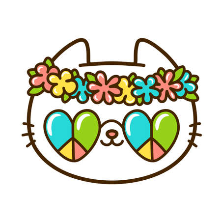 Cute funny little hippie baby cat face. Vector hand drawn cartoon kawaii character illustration logo icon. Isolated on white background. Pet, hippie kitty, cat icon conceptのイラスト素材