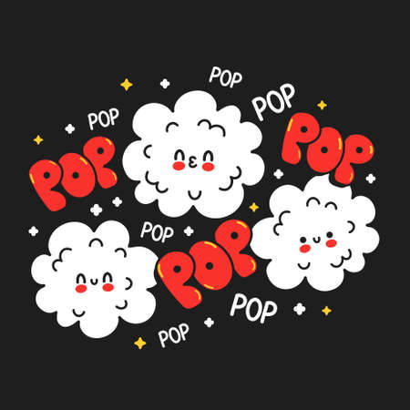 Cute happy funny popcorn. Vector hand drawn cartoon kawaii character illustration sticker logo icon. Cute happy popcorn cartoon character poster conceptのイラスト素材