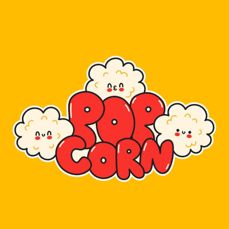 Cute happy funny popcorn logo template design. Vector hand drawn cartoon kawaii character illustration sticker logo icon. Cute happy popcorn cartoon character poster conceptのイラスト素材