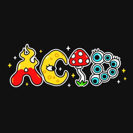 Acid word,trippy psychedelic style letters.Vector hand drawn doodle cartoon character logo illustration.Funny cool trippy letters,Acid fashion print for t-shirt,poster conceptのイラスト素材