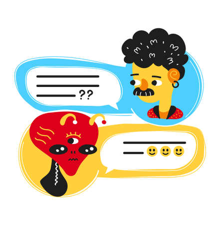 Man chatting, speak with alien. Vector flat modern style cartoon character illustration icon design. Isolated on white background. Dialog message,messenger chat,ufo alien connection conceptのイラスト素材