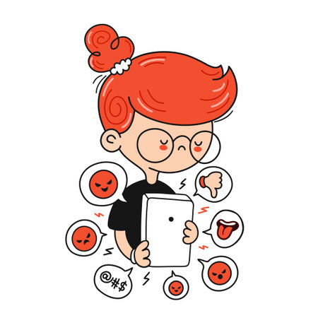 Sad cute boy getting bullied. Cyberbullying signs in smartphone. Vector cartoon character flat line illustration. Isolated on white background. Bullying at internet, cyberbullying, media conceptのイラスト素材