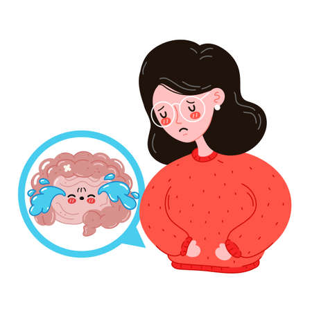 Sad sick young women with intestine problem. Vector flat cartoon illustration icon design. Isolated on white background. Digestive tract, intestine, stomach, stomachache, pain,sick,ache conceptのイラスト素材