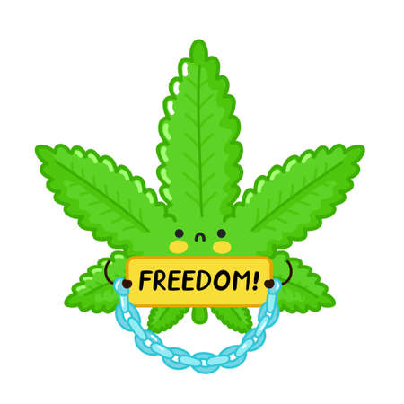 Cute funny weed leaf character hold sign freedom. Vector flat cartoon kawaii character illustration icon. Isolated on white background.Weed in handcuffs, prison, legalization cartoon character conceptのイラスト素材