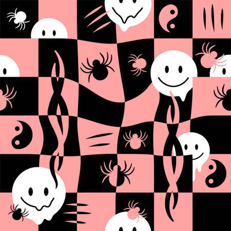 Melt smile face,check grid,spider seamless pattern.Vector hand drawn doodle cartoon illustration. Melting, techno, acid, trippy,cells, spiders, tribal,Yin Yang seamless pattern wallpaper print conceptのイラスト素材