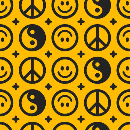 Yin Yang,peace hippie sign and smile face seamless pattern.Vector hand drawn doodle cartoon character illustration. Yin Yang, smile face, hippie peace symbol seamless pattern wallpaper print conceptのイラスト素材