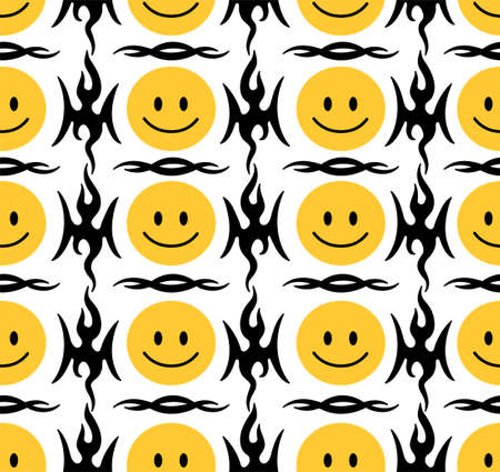Funny smile faces and abstract tribal seamless pattern.Vector hand drawn doodle cartoon character illustration. Smile faces melt, tribal tattoo, trippy seamless pattern wallpaper print conceptのイラスト素材