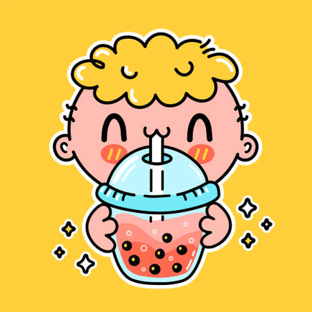 Cute funny boy drink bubble tea from cup. Vector hand drawn cartoon kawaii character illustration sticker logo icon. Asian boba, boy ande bubble tea drink cartoon character poster conceptのイラスト素材