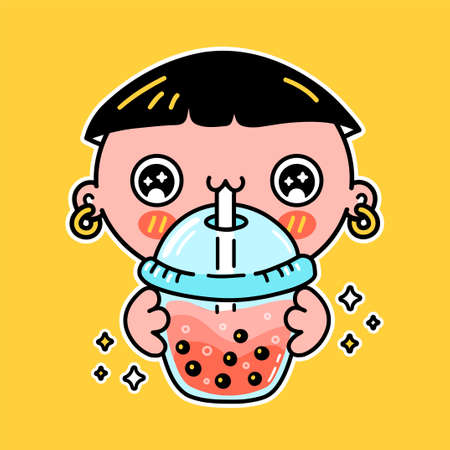 Cute funny boy drink bubble tea from cup. Vector hand drawn cartoon kawaii character illustration sticker logo icon. Asian boba, boy and bubble tea drink cartoon character poster conceptのイラスト素材