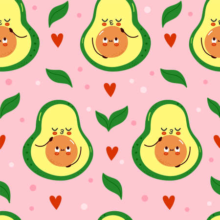 Cute funny avocado hugs seamless pattern. Isolated on white background. Vector cartoon character illustration design,simple flat style. Isolated on white background. Avocado seanless pattern conceptのイラスト素材