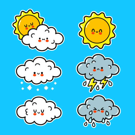 Cute happy funny weather icons. Vector hand drawn cartoon kawaii character illustration sticker logo icon. Cute happy cloud,sun,rain,snow, storm cartoon character conceptのイラスト素材